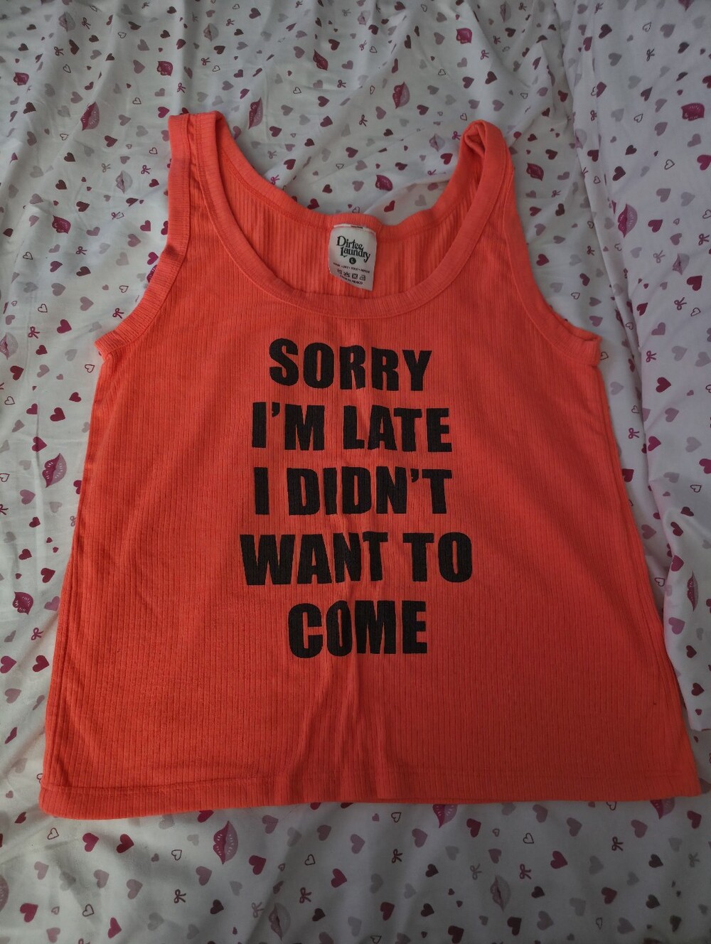 Dirty Laundry Neon Coral Graphic Tank with Bold Black Text